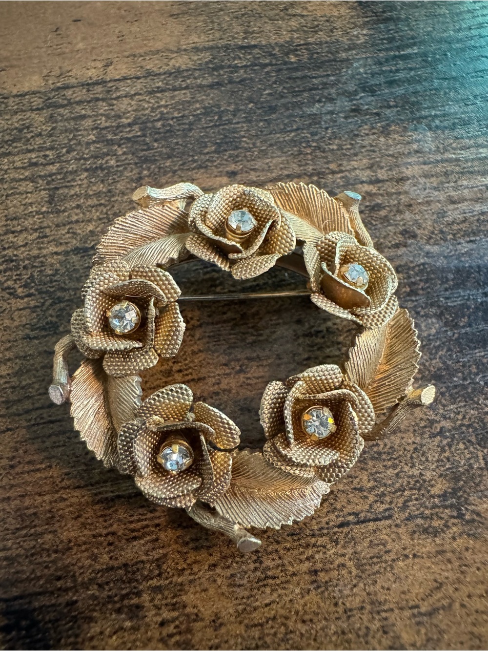 Smaller Gold Floral Wreath Brooch with Clear Crystals, Unmarked, Retro, Elegant